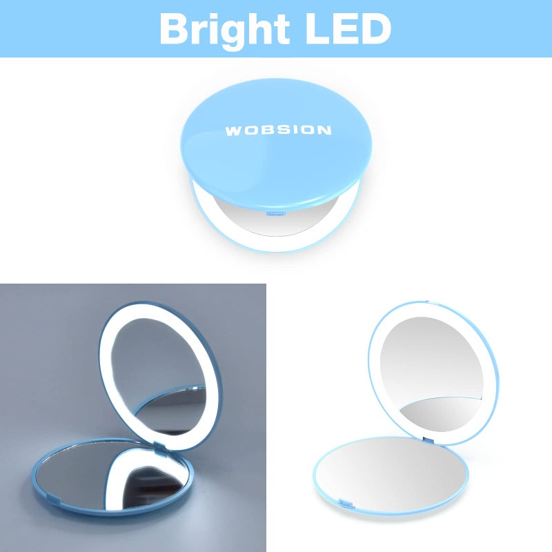 wobsion Travel Makeup Mirror with Light  1x/10x Compact Magnifying Mirror Handheld 2-Sided Pocket Mirror Led Small Mirror for Purse 3.5in Hand Mirror Travel Size Mirror for Handbag Gift Blue - Image 5